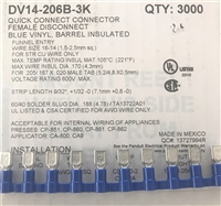 DV14-206B-3K - PANDUIT - Quick Connect Connector, Blue Nylon fully insulated, Female Disconnect, 16-14AWG, 600V Max