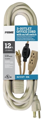 EC974612K - PRIME - 12ft. (3.66m) 16/3 SJT Beige 3-Outlet Office Cord w/ In-Line Switch