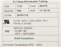 FT2-1/16-9 - 2:1 1/16 White, 500', MIL-DTL-23053/5, Class 1&3