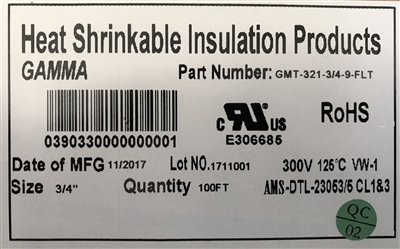 GMT-321-3/4-9-FLT - GAMMA - 100' Flat 3/4" White 3:1 Irradiated crosslinked polyolefin heat-shrink tube (M/23053/5 CL1&3)