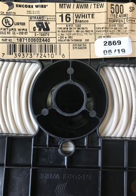 MTW16WH - White MTW #16 AWG Stranded TFF, 500'