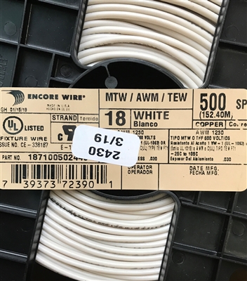 MTW18WH - White MTW #18 AWG Stranded TFF, 500'