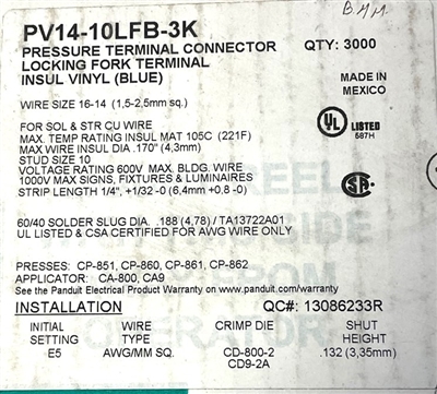 PV14-10LFB-3K - PANDUIT - Fork Terminal Locking, Blue Vinyl Insulated, 16-14AWG, #10 Stud Size, Funnel Entry-RoHS
