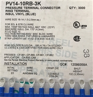 PV14-10RB-3K - PANDUIT - Ring Terminal, Blue Vinyl Insulated, 16-14 AWG, #10 Stud Size, 600V, Funnel Entry-Rohs