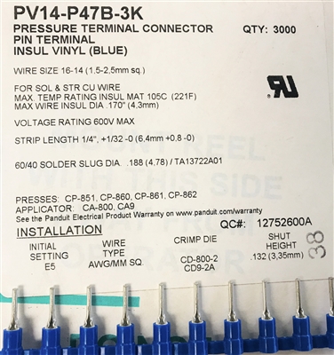 PV14-P47B-3K - PANDUIT - Pressure Terminal Connector Pin Terminal, Blue Vinyl Insulated, 16-14AWG, 600V Max