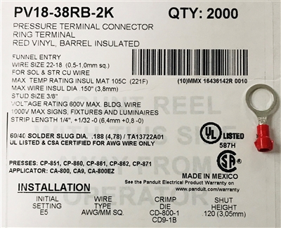 PV18-38RB-2K - PANDUIT - Ring Terminal, Vinyl Insulated, 22-18 AWG, 3/8" Stud Size, Funnel Entry-Rohs