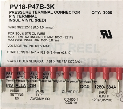 PV18-P47B-3K - PANDUIT - Pressure Terminal Connector Pin Terminal, Red Vinyl Insulated, 22-18AWG, 600V Max