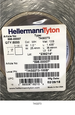 TAG22T3-100B (596-00007) - HELLERMANNTYTON - Thermal Transfer Labels, Self-Laminating, 1.0" x .5" x 1.43", 3 Across, VL, White, 5000/roll