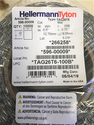 TAG26T6-100B (596-00009) - Hellermann Tyton - Thermal Transfer Labels, Self-Laminating, .5" x .38" x .75", 6 Across, VL, White, 10,000/roll