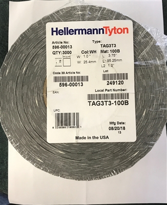 TAG3T3-100B (596-00013) - HELLERMANNTYTON - Thermal Transfer Labels, Self-Laminating, 1.0" x 1.0" x 3.75", 3 Across, VL, White, 3000/roll