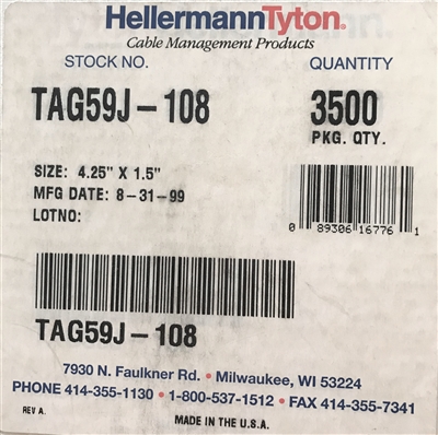 TAG59J-108 (593-59108) - HELLERMANNTYTON - Ink Jet Label, 4.0" x 1.5", 14 Per Sheet, Paper, White, 3500/pkg