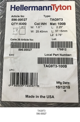 TAG9T3-100B (596-00027) - HELLERMANNTYTON - Thermal Transfer Labels, Self-Laminating, 1.0" x .75" x 2.25", 3 Across, VL, White, 5000/roll