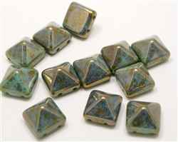 12mm Czech Glass Pyramid 2-Hole Beadstud - BST12-63120-15615 - Turquoise Bronze - 1 Bead