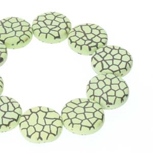 CN14-23980-295GRCR - 2-Hole 14mm Coin Beads -  Jet/Green Laser Cracked - 1 Button