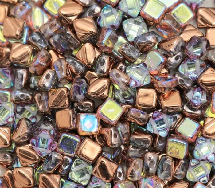 Czech Silky 2-Hole Beads 6x6mm - CZS-00030-98533 - Crystal Copper Rainbow - 25 count