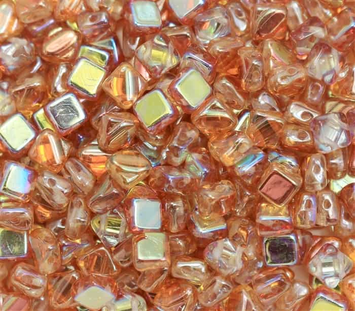 Czech Silky 2-Hole Beads 6x6mm - CZS-00030-98535 - Crystal Orange Rainbow - 25 count