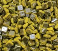 Czech Silky 2-Hole Beads 6x6mm - CZS-83120-27200 - Opaque Yellow - Vacuum Hematite Full - 25 count