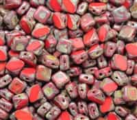 Czech Silky 2-Hole Table Cut Beads 6x6mm - CZS-93190-86800 - Opaque Red Dark Travertin - 25 count
