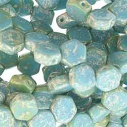 Czech 2-Hole 6mm Honeycomb Beads - HC-63030-15481 - Silver Splash Blue Turquoise - 25 Count