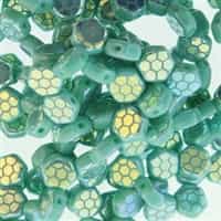 Czech 2-Hole 6mm Honeycomb Beads - HC-63130-28703HC - Turquoise Green Laser Core AB - 25 Count