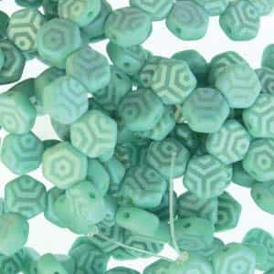 Czech 2-Hole 6mm Honeycomb Beads - HC-63130-28773WB - Matte Turquoise Green Laser Web AB - 25 Count