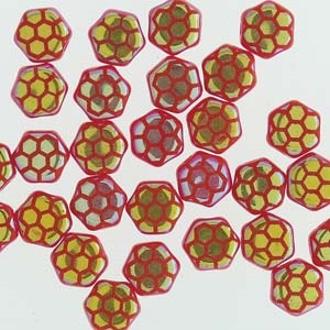 Czech 2-Hole 6mm Honeycomb Beads - HC-93190-28703HC - Red Laser Core AB - 25 Count