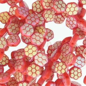 Czech 2-Hole 6mm Honeycomb Beads - HC-93190-28773HC - Matte Red Laser Core AB - 25 Count