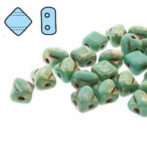 Czech Silky 2-Hole Beads "Mini" 5x5mm - MiniCZS-63130-43400 - Green Turquoise Picasso - 40 Bead Strand