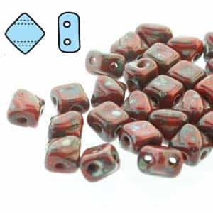 Czech Silky 2-Hole Beads "Mini" 5x5mm - MiniCZS-93190-43400 - Red Picasso - 40 Bead Strand