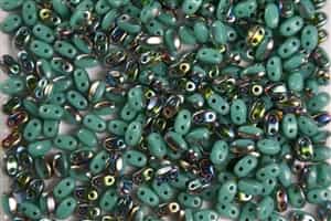 SUPERDUO BEADS 2.5x5mm 8 Grams  GREEN TURQUOISE VITRAIL BEAD