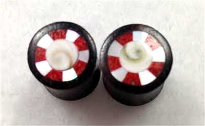 Pair of Organic Brown Sono Plugs with MOP, Crushed Red Coral, & Resin