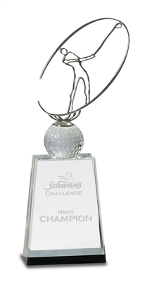 12 inch Clear/Black Crystal Golf Award with Silver Metal Oval Figure