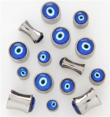 Pair of "Evil Eye" 316L Surgical Steel Saddle Plugs