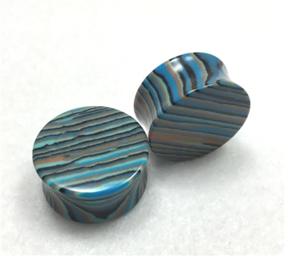 Pair of Striped Blue Concave Agate Stone Plugs