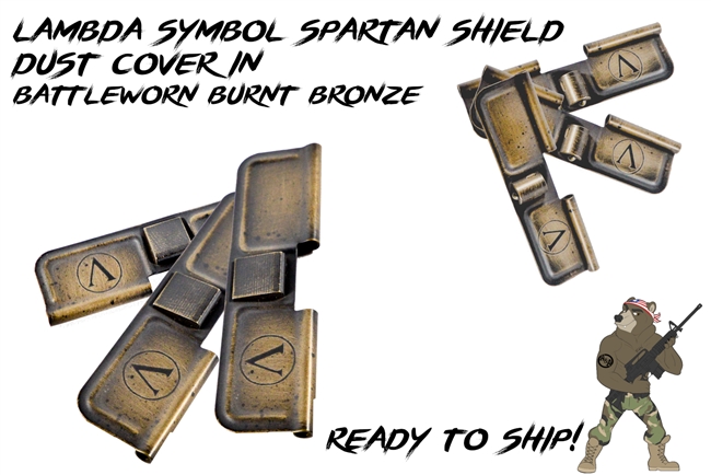 Spartan Shield Symbol/Lambda AR15 Ejection Port Dust Cover in Burnt Bronze Battleworn - READY TO SHIP!