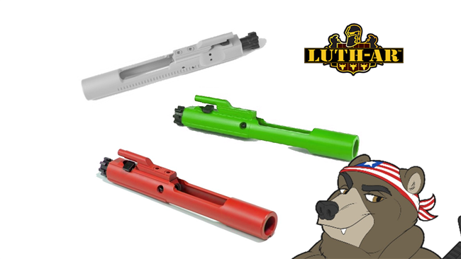 Luth-AR Complete AR-15 Bolt Carrier Group .223/5.56 - Shown here in Battleship Grey, Toxic Green, and Smith&Wesson Red