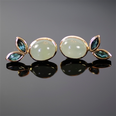 Tuscany Earrings photo. The 18k yellow gold in these earrings is the perfect combination with the green, european like milky aquamarine and green tourmaline. Same collection as Tuscany bracelet and ring, the design is like leaves. Gorgeous like no other!