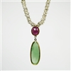 Handmade necklace made of sterling silver, fine silver and 18k gold with pink tourmaline and calcedony.