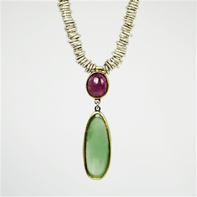 Handmade necklace made of sterling silver, fine silver and 18k gold with pink tourmaline and calcedony.