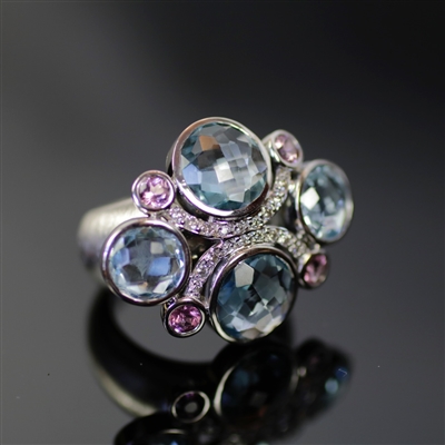 Imperial Icicle Ring photo. This ring is made with the best-quality 18k white gold giving the name of the ring its purpose, the light blue topaz and light pink tourmaline align with the diamonds as accents bring in its imperialism. Gorgeous!!