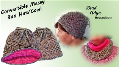 Convertible Messy Bun Hat/Cowl - Grey/Pink