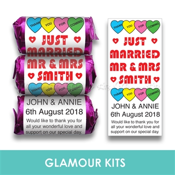 100 PERSONALISED MINI LOVE HEART SWEETS-MR & MRS HEART