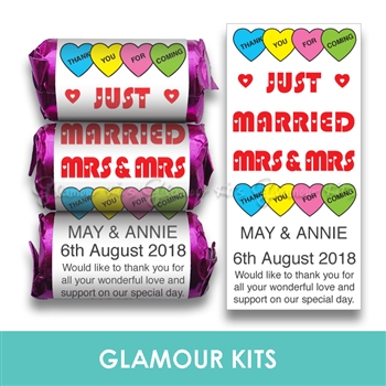 100 ROLLS PERSONALISED MINI LOVE HEART SWEETS- CIVIL PARTNERSHIP MRS & MRS