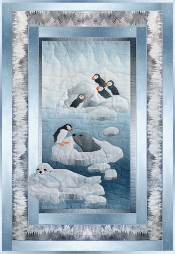 a single block quilt with an arctic snowy scene, ice floes with seals hanging and puffins
