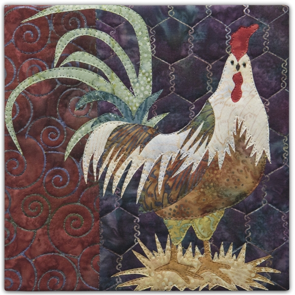 Fabric art print with a rooster standing on a bunch of hay