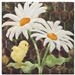 a fabric panel with a small yellow chick standing on a leaf under two large white daisies