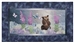 Quilt block of a brown bear cub playing with butterflies in a field of wildflowers.