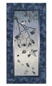 Quilt block of chickadees on an oak tree branch, with wind swirling the falling leaves.