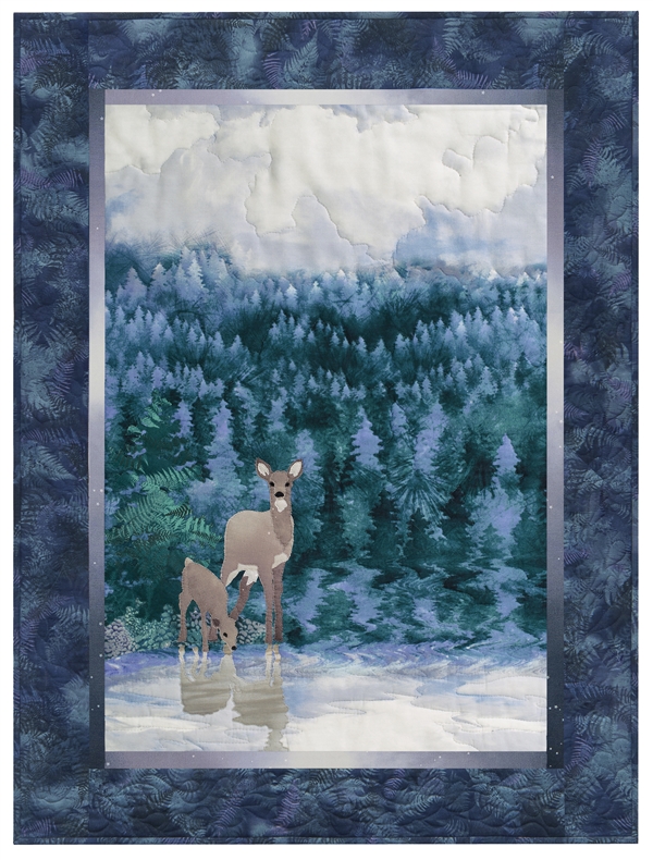 Quilt block of a doe and a fawn drinking water from a lake at dawn