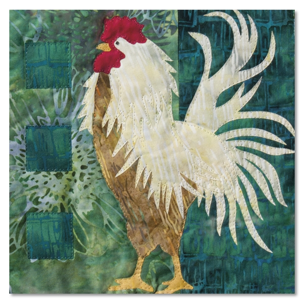 Quilt block of rooster strutting his stuff